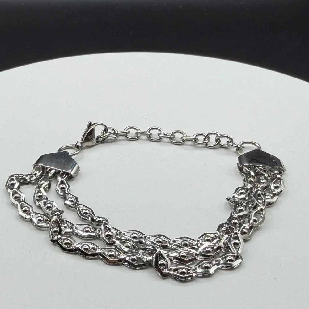 Stainless Steel Geometric Link Necklace Triple Strand Bracelet Set Statement Y2K